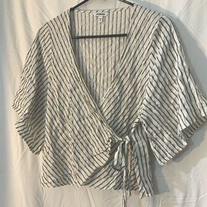 White, blue, gold striped wrap shirt, Express, size M
